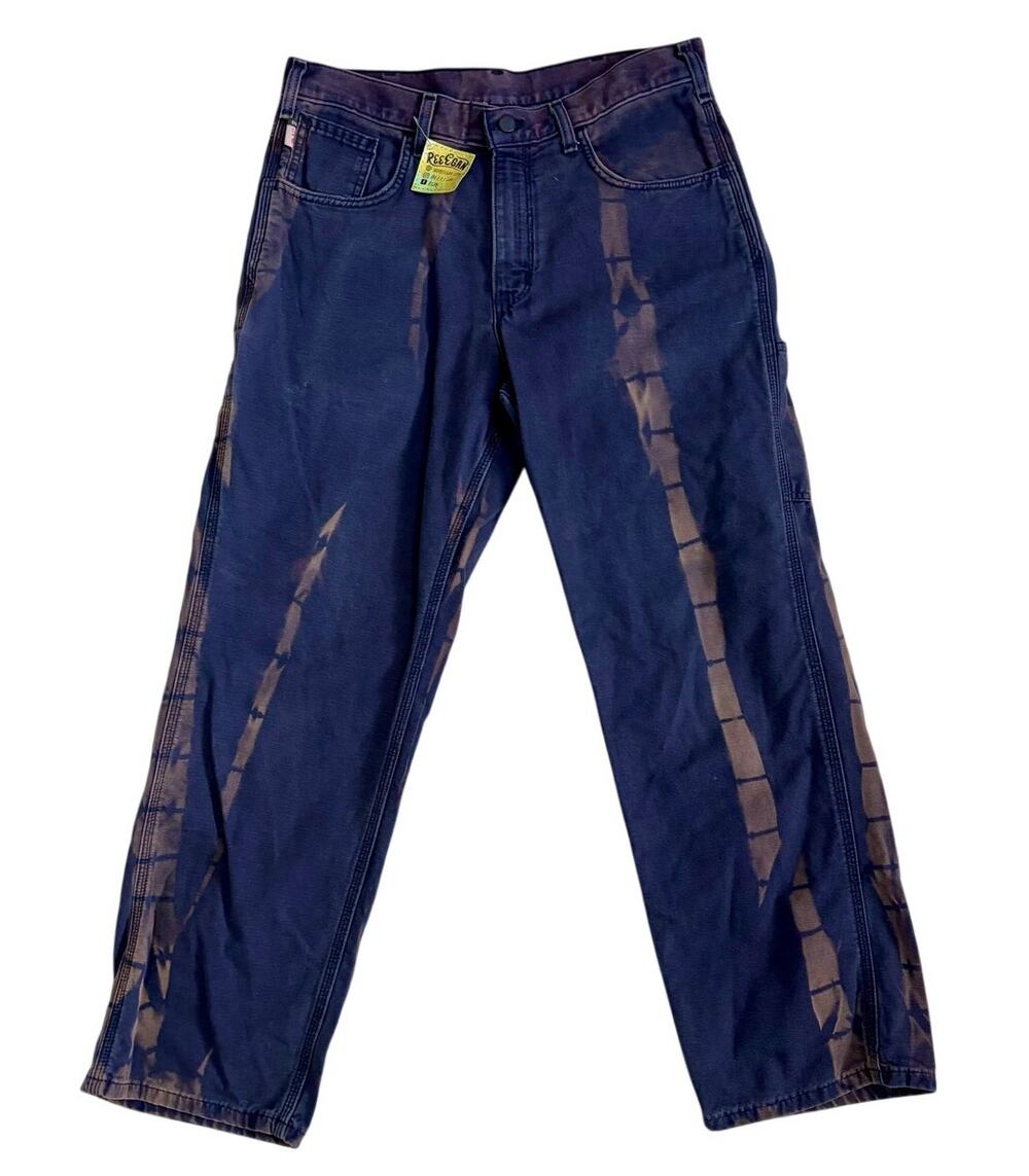 Reworked Bleach Dye Carhartt FR Work Pants Shibori Blue 32x30